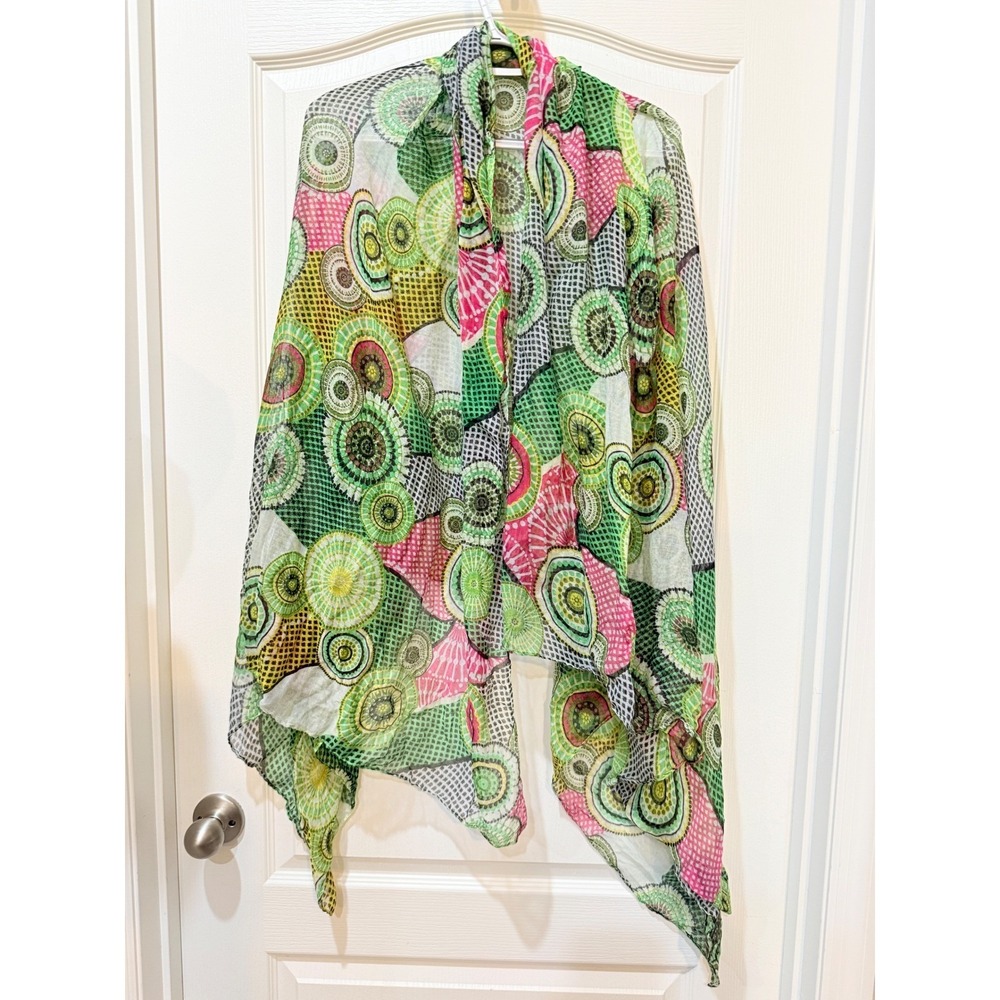 Beya Scarf Green Pink Geometric Circle Print Lightweight Sheer Wrap OSFA
